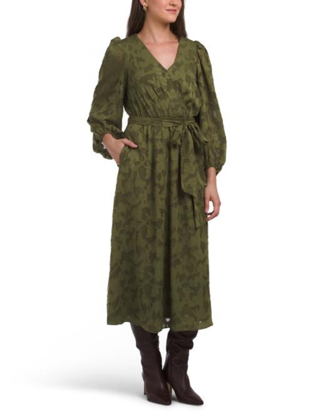 ANNE KLEIN Balloon Sleeve V-neck Midi Dress
